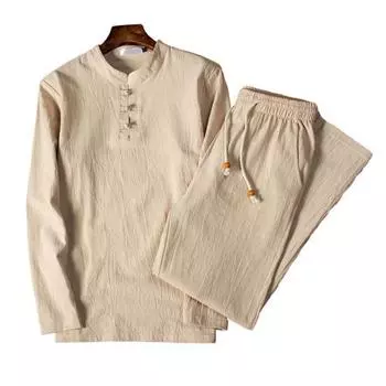 2 шт./компл., мужской топ, брюки, костюм с воротником-стойкой, длинным рукавом, эластичной резинкой на талии, шнурок из бисера, широкие карманы, сплошной цвет, мужская осенне-весенняя рубашка, комплект брюк M хаки