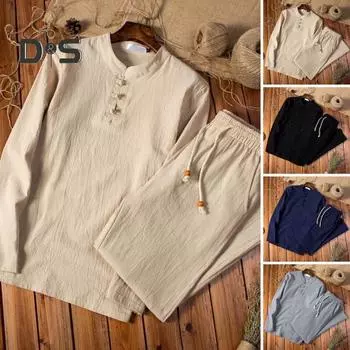 2 шт./компл., мужской топ, брюки, костюм с воротником-стойкой, длинным рукавом, эластичной резинкой на талии, шнурок из бисера, широкие карманы, сплошной цвет, мужская осенне-весенняя рубашка, комплект брюк L хаки