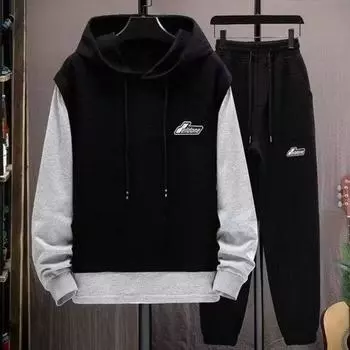 2 шт./компл., мужской весенне-осенний лоскутный цветной спортивный костюм, толстовка с капюшоном и шнурком, длинными рукавами, эластичная талия, карманы, спортивные штаны, комплект спортивного костюма 2XL чёрный