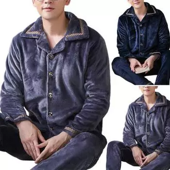 2 шт./компл., мужской зимний пижамный комплект с лацканами, толстые пуговицы, однобортный, свободный, с эластичной резинкой на талии, теплые мягкие карманы, однотонная мужская домашняя одежда, комплект верхних брюк L серый