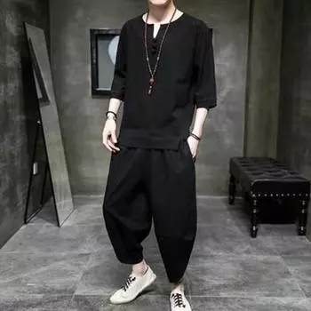 2 шт./компл., наряд в китайском стиле, топы с круглым вырезом и полупланкой, 45355, длинные шаровары с пряжкой на рукавах, комплект, однотонный мужской наряд M чёрный
