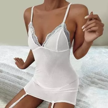 2 шт./компл., ночная рубашка, комплект стрингов с глубоким вырезом, V-образным вырезом, кружево, без рукавов, с открытой спиной, приталенный крой, однотонный, с цветочной вышивкой, с вырезами, эластичный, регулируемый 3XL белый