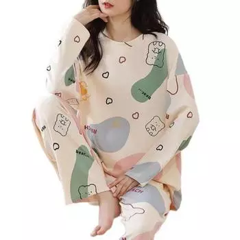 2 шт./компл. О-образный вырез, длинный рукав, средняя посадка, эластичный пояс, длинные брюки с длинными рукавами, домашний костюм для женщин M синий