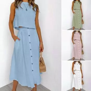 2 шт./компл., однобортный повседневный наряд с круглым вырезом и боковыми карманами, однотонный короткий жилет, юбка-миди, комплект женской одежды M зелёный