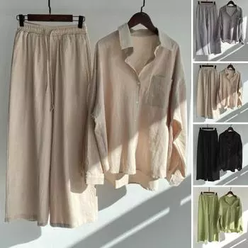 2 шт./компл. осень-весна женская рубашка и брюки комплект блузка на пуговицах с длинными рукавами и лацканами с нагрудным карманом L абрикосовый