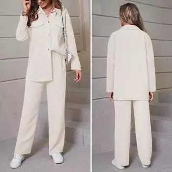 2 шт./компл., осень-весна, женская рубашка, брюки, комплект, блузка на пуговицах с длинными рукавами и лацканами, с нагрудным карманом, эластичные брюки на талии, спортивный брючный костюм для поездок на работу M хаки