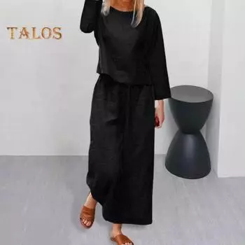 2 шт./компл. осень-весна женские верхние брюки комплект с длинными рукавами футболка с круглым вырезом брюки с эластичной резинкой на талии и боковыми карманами OL спортивный брючный костюм для поездок на работу M чёрный