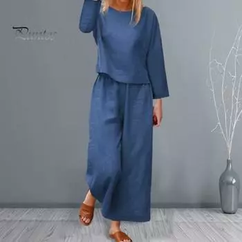 2 шт./компл. осень-весна женские верхние брюки комплект с длинными рукавами футболка с круглым вырезом брюки с эластичной резинкой на талии и боковыми карманами OL спортивный брючный костюм для поездок на работу M чёрный