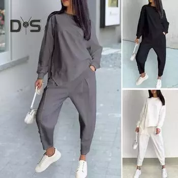 2 шт./компл. осень-весна женские верхние брюки комплект с длинными рукавами и круглым вырезом нерегулярная футболка брюки с эластичной резинкой на талии и боковыми карманами OL спортивный брючный костюм для поездок на работу XXL чёрный