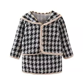 2 шт./компл., осенне-весенний комплект с юбкой для маленьких девочек, кардиган с узором «гусиные лапки» + мини-юбка с длинными рукавами, клетчатое пальто с матросским воротником + юбка трапециевидной формы 90