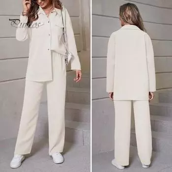 2 шт./компл., осенне-весенняя женская рубашка и брюки, комплект, блузка на пуговицах с длинными рукавами и лацканами с нагрудным карманом, эластичные брюки на талии, OL для поездок на работу, спорт M хаки