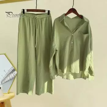 2 шт./компл., осенне-весенняя женская рубашка и брюки, комплект, блузка на пуговицах с длинными рукавами и лацканами с нагрудным карманом, эластичные брюки на талии, OL для поездок на работу, спорт L абрикосовый