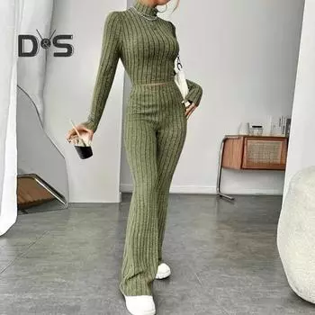 2 шт./компл., осенне-зимний женский комплект с верхними брюками, комплект с полувысоким воротником и длинными рукавами, облегающий свитшот с высокой талией, однотонные полосатые брюки, спортивный повседневный комплект S светло-серый