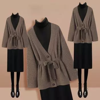 2 шт./компл. осенне-зимний женский вязаный кардиган, длинное платье, комплект из двух частей, тонкий трикотажное платье M
