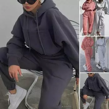 2 шт./компл. осенние брюки с капюшоном, комплект со свободной эластичной резинкой на талии, длинными рукавами, с капюшоном, однотонный, сохраняет тепло, толстый S темно-розовый