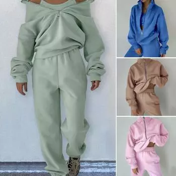 2 шт./компл., осенний комплект из толстовки и брюк, свободная молния с длинными рукавами, сплошной цвет, толстый теплый эластичный воротник-стойка XL серый