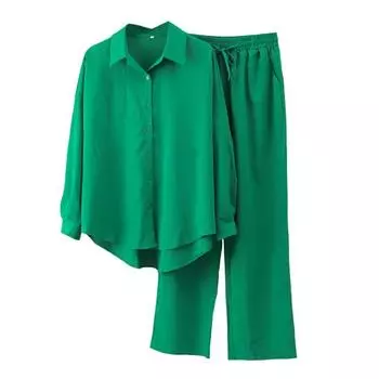 2 шт./компл. осенняя блузка и брюки комплект сказочный кардиган сплошной цвет повседневная одежда 2XL зелёный