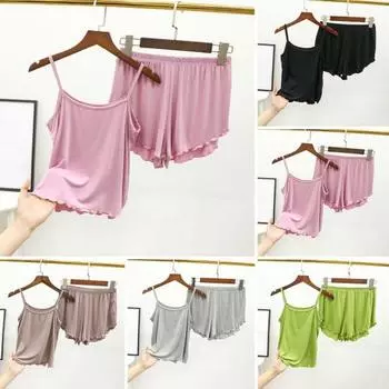 2 шт./компл., пижамный комплект без рукавов с открытой спиной, эластичный пояс с прозрачной отделкой, женский жилет на бретельках, широкие шорты, комплект домашней одежды L чёрный