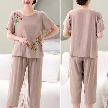 2 шт./компл. пижамный комплект для мамы с цветочным принтом и короткими рукавами, свободный пуловер с круглым вырезом для сна, эластичная резинка на талии XL зелёный