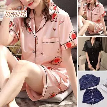 2 шт./компл., пижамный комплект с короткими рукавами и лацканами, однобортный эластичный пояс с завязками, рубашка из ледяного шелка, шорты, домашняя одежда, костюм для сна