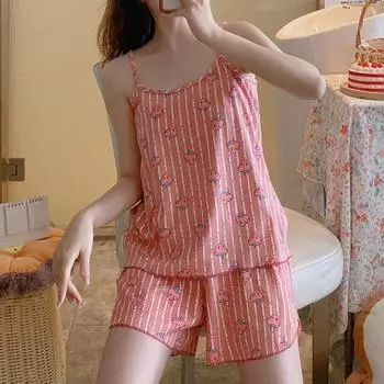 2 шт./компл., пижамный комплект с мультяшным принтом, с круглым вырезом, без рукавов, с открытой спиной, эластичный пояс, жилет на бретельках, широкие шорты, комплект одежды для сна L белый