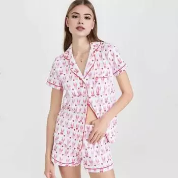 2 шт./компл. пижамный комплект с принтом кролика, однобортная футболка с рукавами с лацканами, шорты с эластичной резинкой на талии, женская одежда для дома, одежда для сна M зелёный