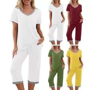 2 шт./компл. пижамный комплект с v-образным вырезом контрастного цвета с короткими рукавами, свободная домашняя одежда, укороченные брюки с эластичной резинкой на талии, летние M вино красного