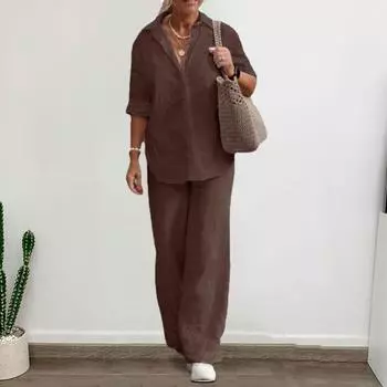 2 шт./компл., плюс рубашка, брюки, комплект с v-образным вырезом, свободный размер с лацканами, женский, средней длины, с длинным рукавом, эластичный M темно-коричневого