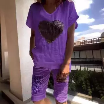2 шт./компл., плюс топ, брюки, комплект с v-образным вырезом, размер сердца, женская свободная футболка с короткими рукавами и блестками
