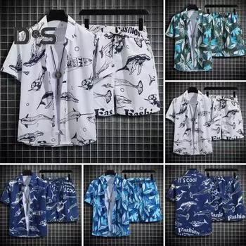 2 шт./компл., повседневная одежда в гавайском стиле, однобортная рубашка с лацканами и коротким рукавом, топы, эластичный шнурок на талии, широкие шорты, комплект, пляжный комплект с узором акулы M белый