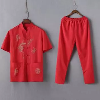 2 шт./компл., повседневный костюм среднего возраста, китайский стиль, узор дракона, воротник-стойка, короткий рукав, однобортный топ, комплект с длинными брюками с эластичной резинкой на талии M жёлтый