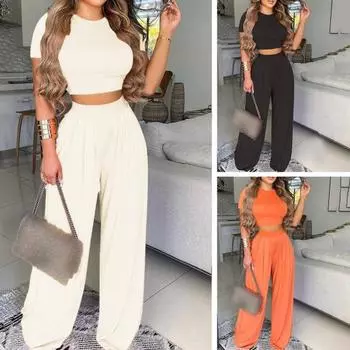 2 шт./компл. повседневный наряд с круглым вырезом и короткими рукавами, однотонный женский укороченный топ с высокой талией, прямые широкие брюки, соответствующий комплект L чёрный