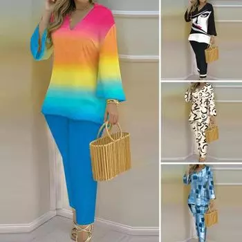 2 шт./компл., повседневный наряд с v-образным вырезом и длинным рукавом на эластичном поясе, женский джинсовый топ в стиле пэчворк с принтом, топ средней длины, длинные брюки 3XL чёрный