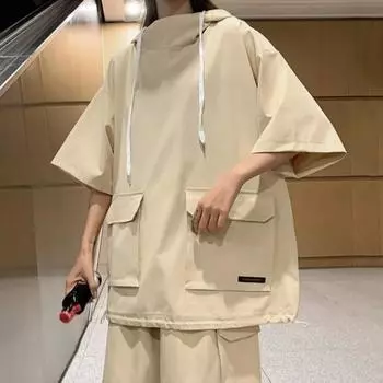 2 шт./компл. повседневный наряд унисекс, футболка с капюшоном и короткими рукавами, эластичный шнурок на талии, широкие шорты, комплект, однотонный свободный крой, наряд 2XL серый