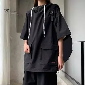 2 шт./компл. повседневный наряд унисекс, футболка с капюшоном и короткими рукавами, эластичный шнурок на талии, широкие шорты, комплект, однотонный свободный крой, наряд 2XL чёрный