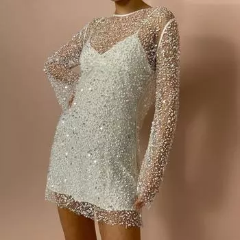 2 шт./компл., прозрачное сетчатое платье с пайетками и рукавами, свободное платье на бретелях, комплект длинного платья с круглым вырезом, ажурное женское платье для выпускного вечера XL белый