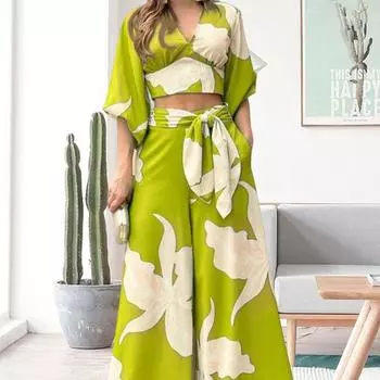 2 шт./компл., рабочая одежда с высокой талией и принтом, модная женская повседневная одежда с 3D кроем и цветочным принтом, короткий топ, длинные брюки, повседневная одежда M армия зеленый
