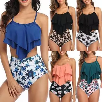 2 шт./компл. разделенное бикини с принтом кокосовой пальмы и оборками, состоящее из двух частей на тонких бретельках для купания L армия зеленый