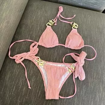 2 шт./компл., регулируемый ремень с лямкой на шее, цепочка, плиссированный комплект бикини, микротреугольный бюстгальтер S белый