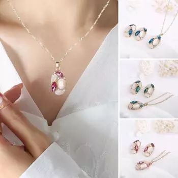 2 шт./компл., роскошный овальный кулон из искусственного опала, комплект ожерелья-гвоздиков с блестящими стразами, женский элегантный комплект серег и ожерелья зелёный