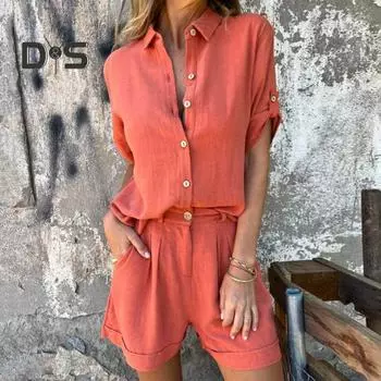 2 шт./компл., рубашка, брюки, костюм, сплошной цвет, с короткими рукавами, воротником с лацканами, блузка с высокой талией, свободные шорты длиной выше колена, повседневная одежда для поездок на работу M оранжевый