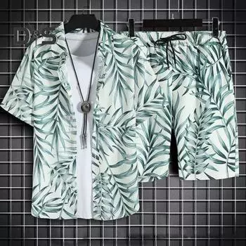 2 шт./компл. рубашка с эластичным поясом и шорты, комплект с коротким рукавом, модная рубашка с цветочным принтом, топ, широкие шорты L белый