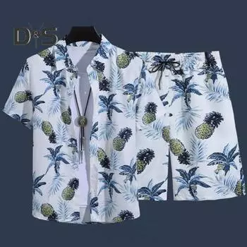 2 шт./компл. рубашка в гавайском стиле, комплект с шортами и лацканами, однобортные топы с короткими рукавами, эластичный шнурок на талии, широкие шорты, комплект, повседневный комплект с принтом ананаса L чёрный