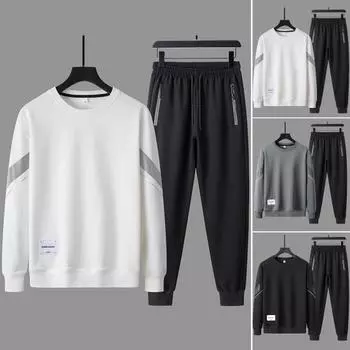 2 шт./компл. с круглым вырезом и длинными рукавами, эластичный пояс со средней посадкой и карманами, мужской наряд, весенне-осенний цветной свитшот, комплект спортивных штанов 2XL чёрный