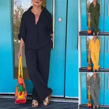 2 шт./компл. с лацканами 45355, пуговицы на рукавах, половина планки, эластичный пояс, карманы, рубашка, брюки, комплект, однотонный пуловер, прямой 5XL серый