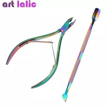 2 шт./компл., щипчики для кутикулы ногтей, двойной пружинный толкатель для омертвевшей кожи, голографический титановый набор инструментов для дизайна ногтей, маникюра и педикюра