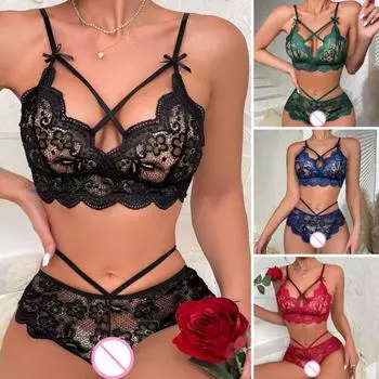 2 шт./компл., сексуальное нижнее белье, кружевное сплошное цветное нижнее белье без подкладки, с открытой промежностью, эластичный бант, декор, несколько бретелей, мягкий женский бюстгальтер, трусики, комплект 2XL