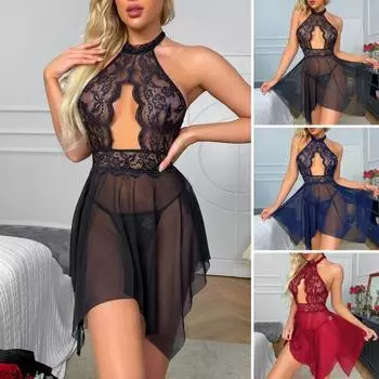 2 шт./компл., сексуальные женские ночные рубашки, трусы, комплект с лямкой на шее, без рукавов, с вышивкой, кружевная ночная рубашка с открытой спиной, комплект стрингов S