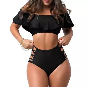2 шт./компл., сексуальный комплект бикини с открытыми плечами, бюстгальтер-бандо с рюшами и отделкой, высокая талия, ажурные плавки, комплект, купальник пуш-ап M