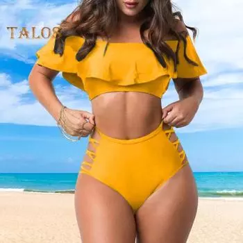 2 шт./компл., сексуальный комплект бикини с открытыми плечами, бюстгальтер-бандо с рюшами и отделкой, высокая талия, ажурные плавки, комплект, купальник пуш-ап S белый